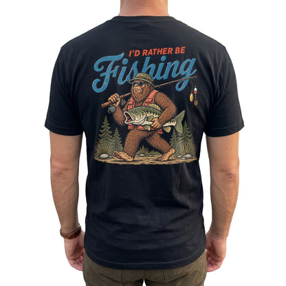 I'd Rather Be Fishing Bigfoot T-Shirt lifestyle mockup