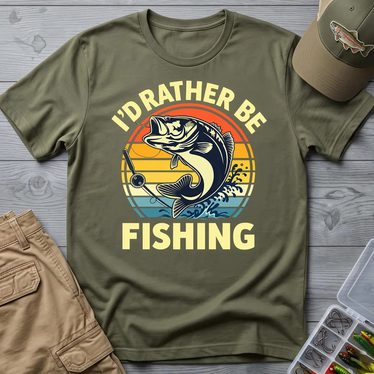 I'd Rather Be Fishing T-Shirt in Military Green