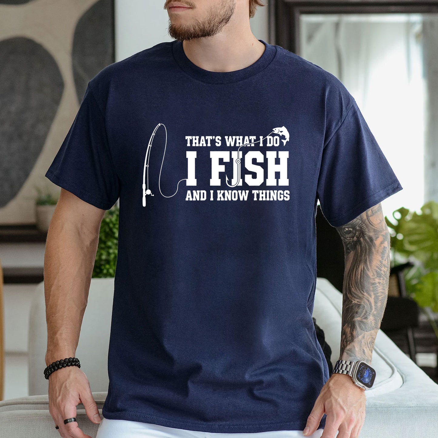 Dark Heather T-shirt front with fishing rod and I Fish and I Know Things front graphic