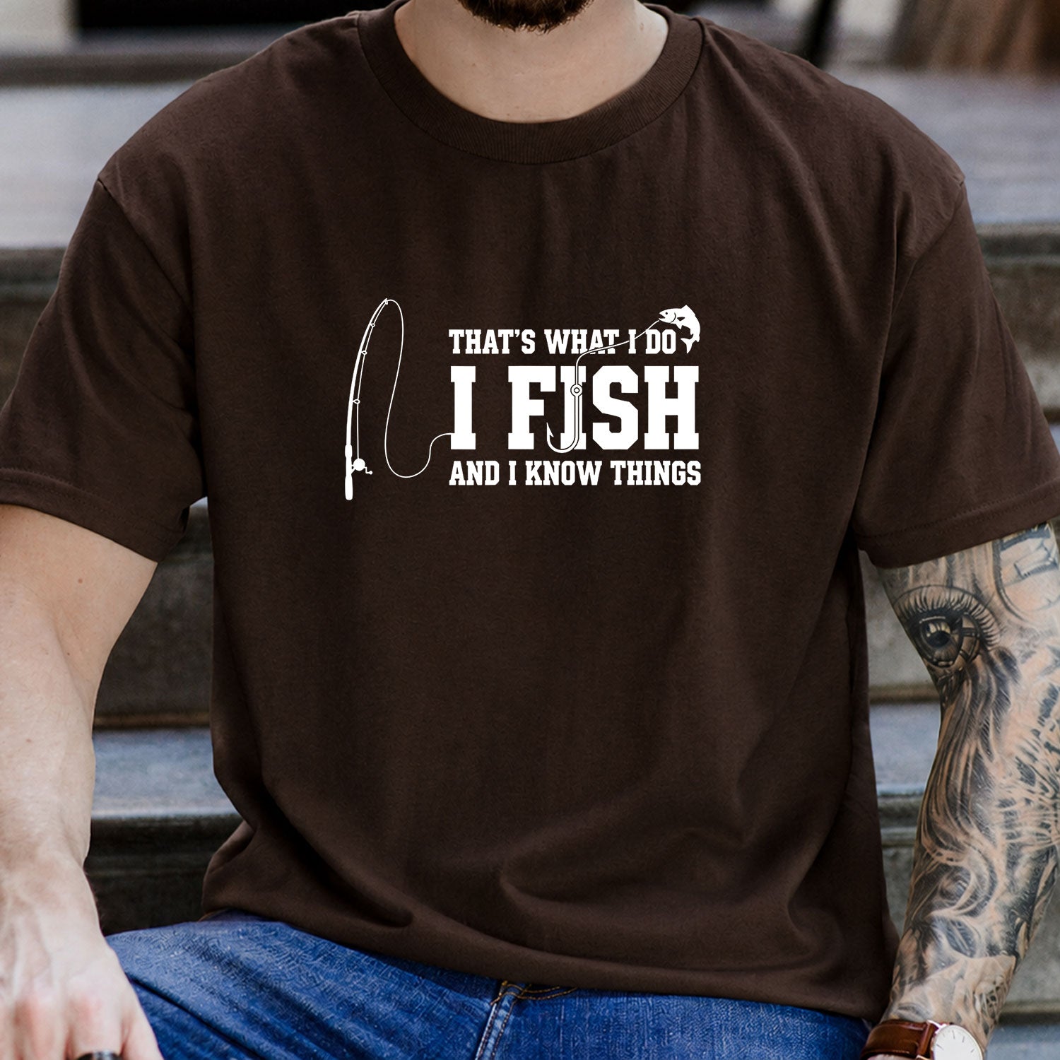 Forest Green T-shirt front with fishing rod and I Fish and I Know Things front graphic