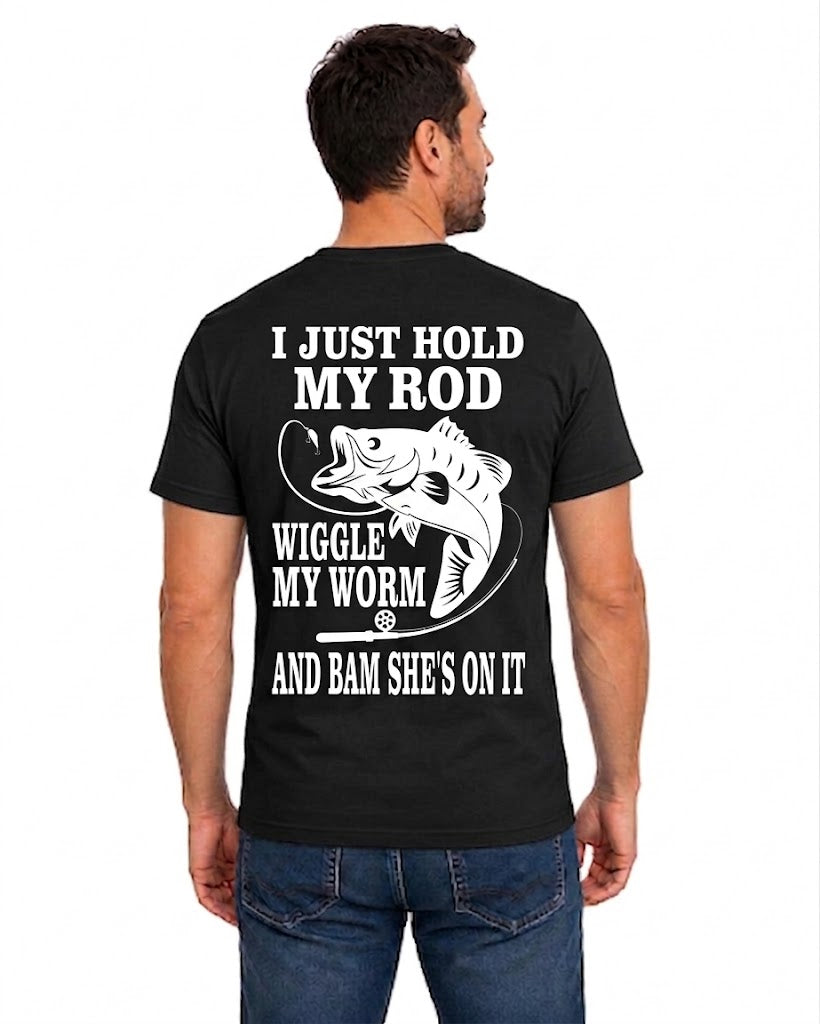 Black T-shirt back with jumping bass and Hold My Rod Wiggle My Worm adult joke