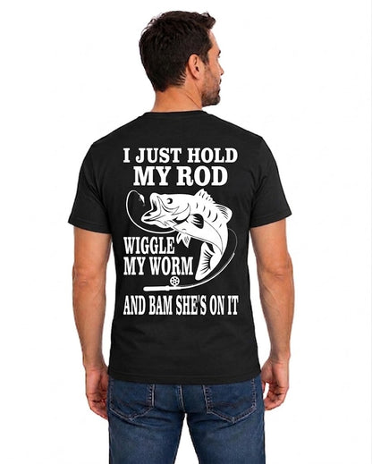 Black T-shirt back with jumping bass and Hold My Rod Wiggle My Worm adult joke