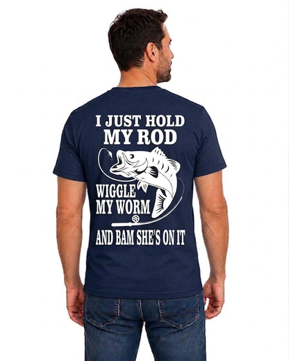 Navy T-shirt back with jumping bass and Hold My Rod Wiggle My Worm adult joke