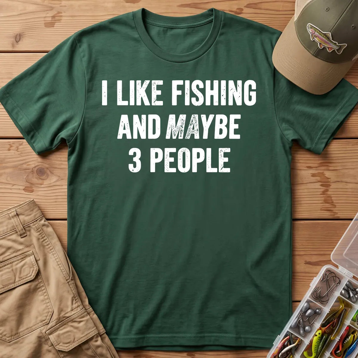 I Like Fishing and Maybe 3 People T-Shirt in Forest Green