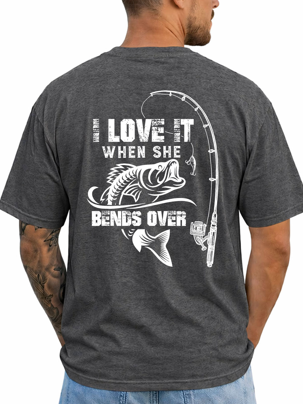 Dark Heather T-shirt back with bass and bent fishing rod double-entendre graphic