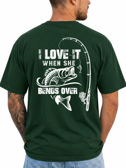 Forest Green T-shirt back with bass and bent fishing rod double-entendre graphic