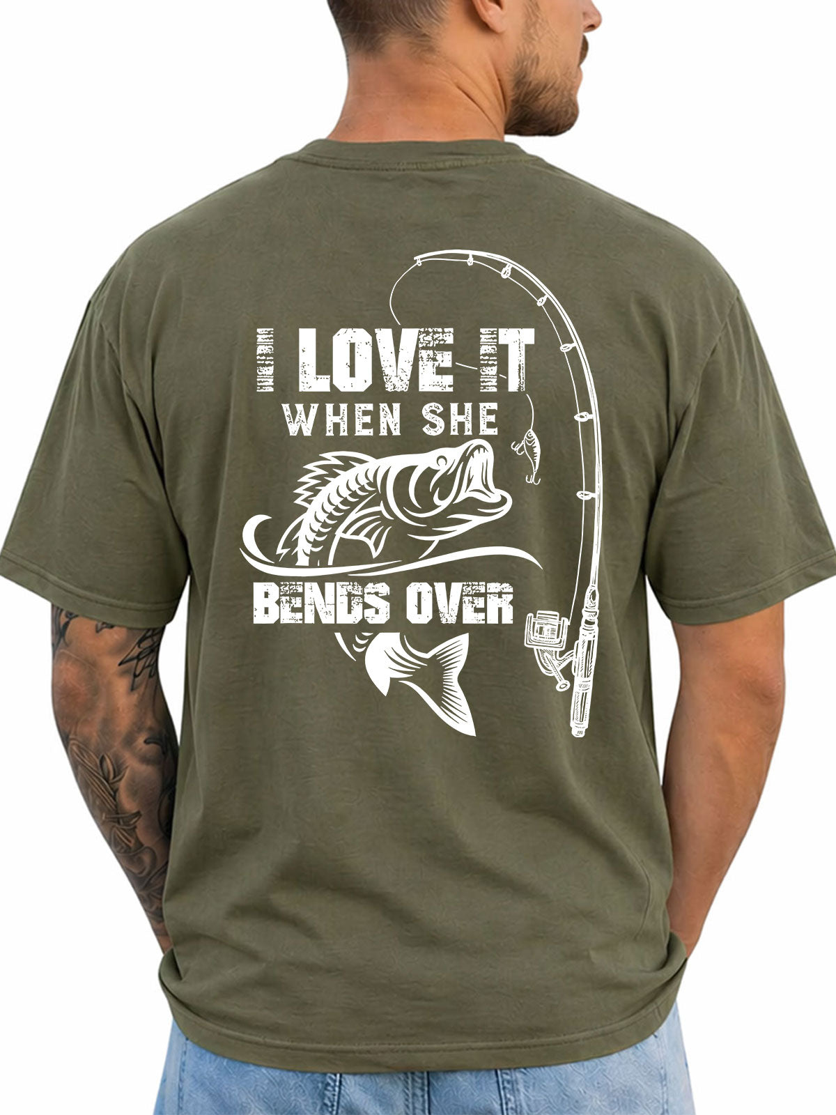 Military Green T-shirt back with bass and bent fishing rod double-entendre graphic