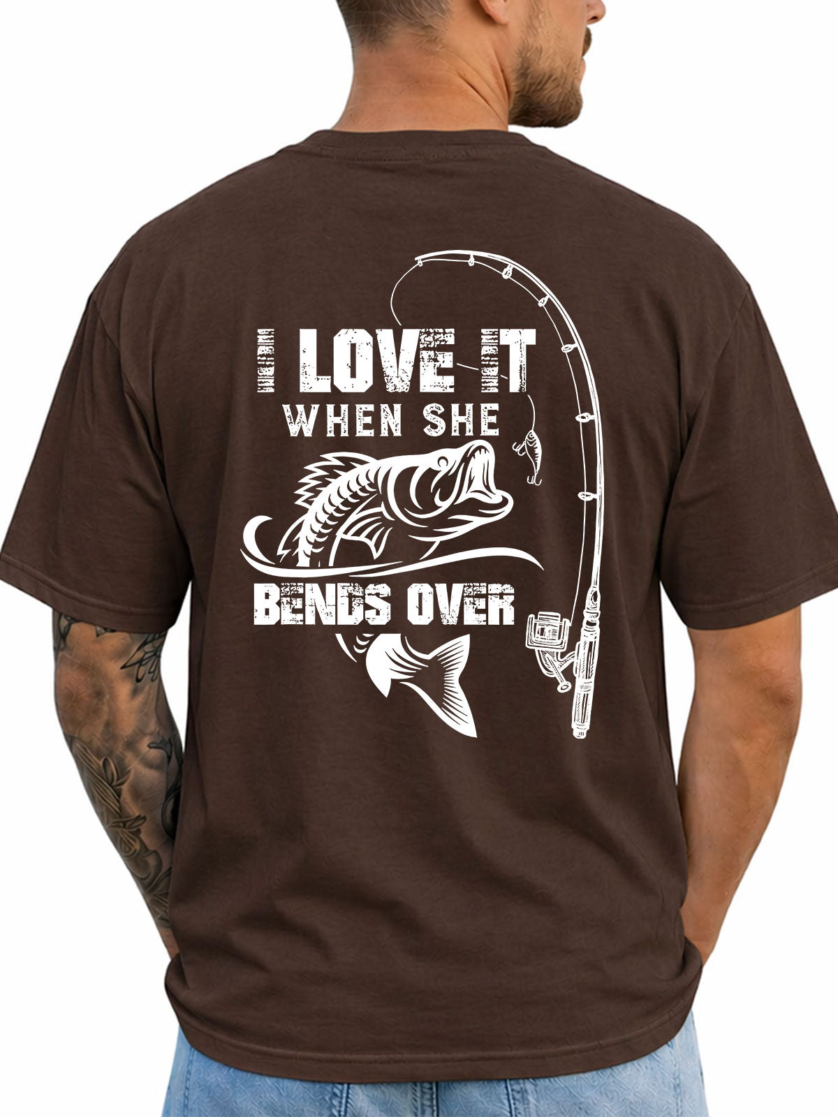 Dark Chocolate T-shirt back with bass and bent fishing rod double-entendre graphic