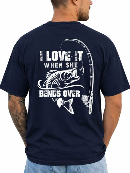 Navy T-shirt back with bass and bent fishing rod double-entendre graphic