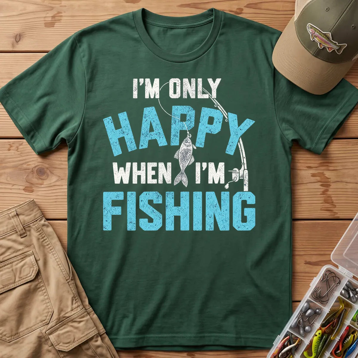 I'm Only Happy When I'm Fishing T-Shirt in Forest Green
