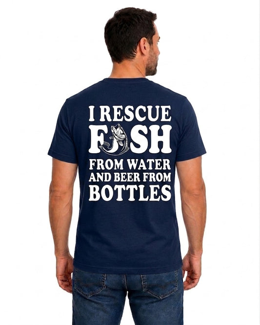 Navy T-shirt back with bold fish and beer bottles joke graphic reading 'I RESCUE FISH FROM WATER AND BEER FROM BOTTLES'