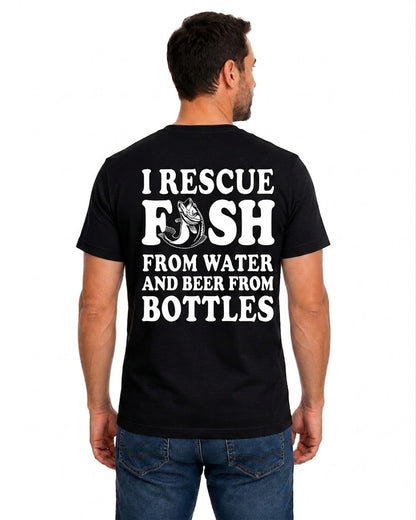 Black T-shirt back with bold fish and beer bottles joke graphic