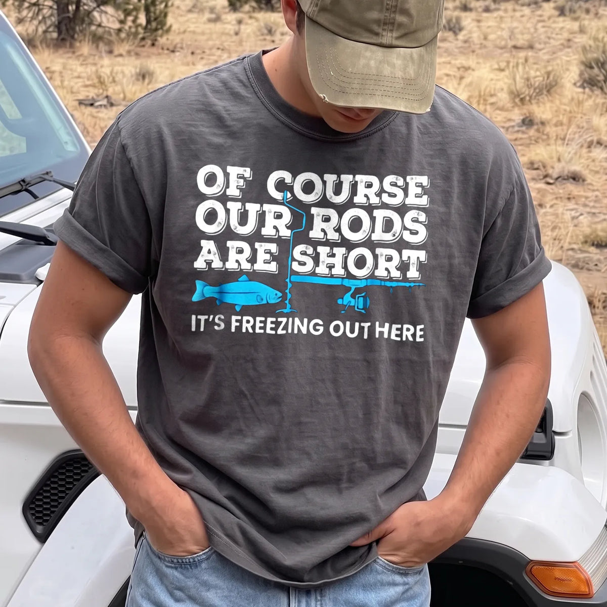 Ice Fishing Rods Are Short T-Shirt Men model in Pepper