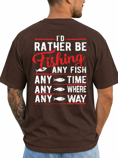 Dark Chocolate T-shirt back with red and white Any Fish Any Time fishing typography