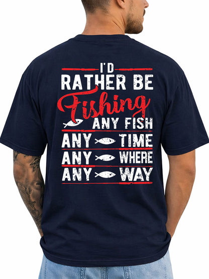 Navy T-shirt back with red and white Any Fish Any Time fishing typography