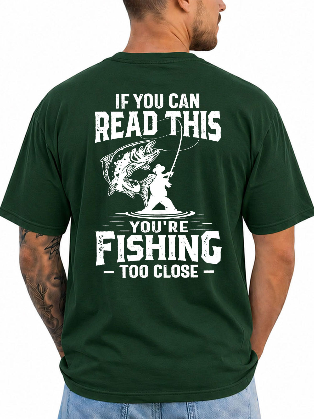 Forest Green T-shirt back with distressed angler and leaping fish warning graphic