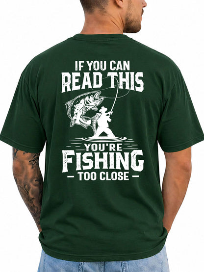 Forest Green T-shirt back with distressed angler and leaping fish warning graphic