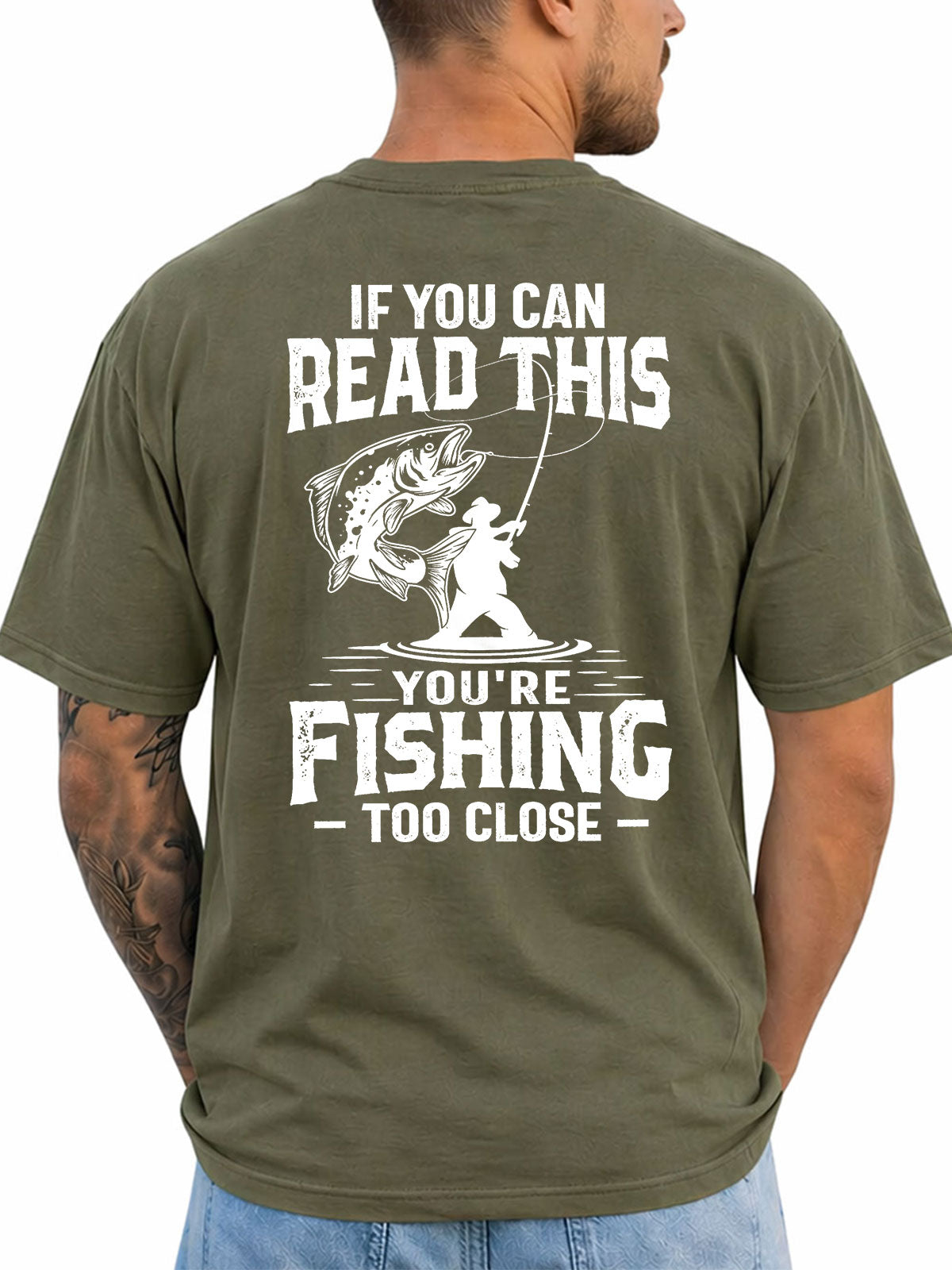 Military Green T-shirt back with distressed angler and leaping fish warning graphic