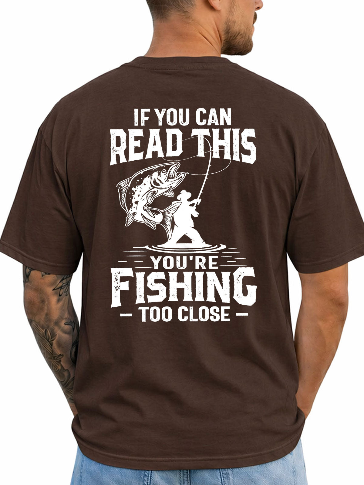 Dark Chocolate T-shirt back with distressed angler and leaping fish warning graphic