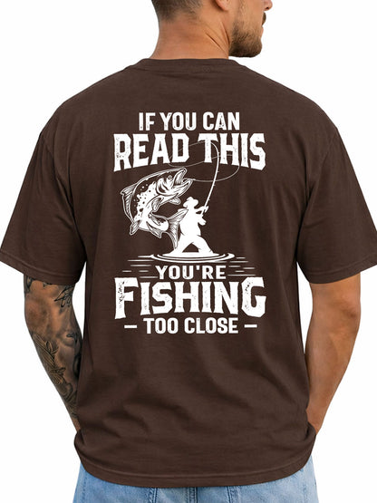 Dark Chocolate T-shirt back with distressed angler and leaping fish warning graphic