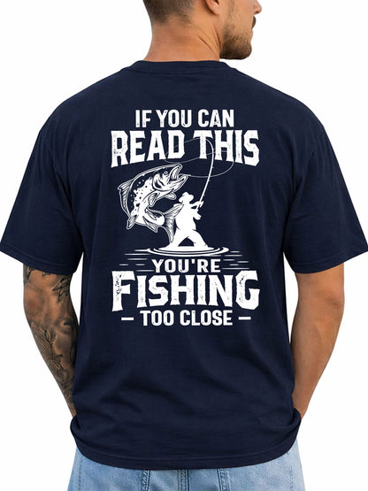 Navy T-shirt back with distressed angler and leaping fish warning graphic