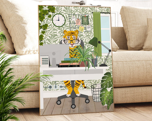 Tiger Work From Home Print, Modern Office Decor, Funny Abstract Office Wall Art, Safari Animal Print, Funny Office Prints, Gift For Friend