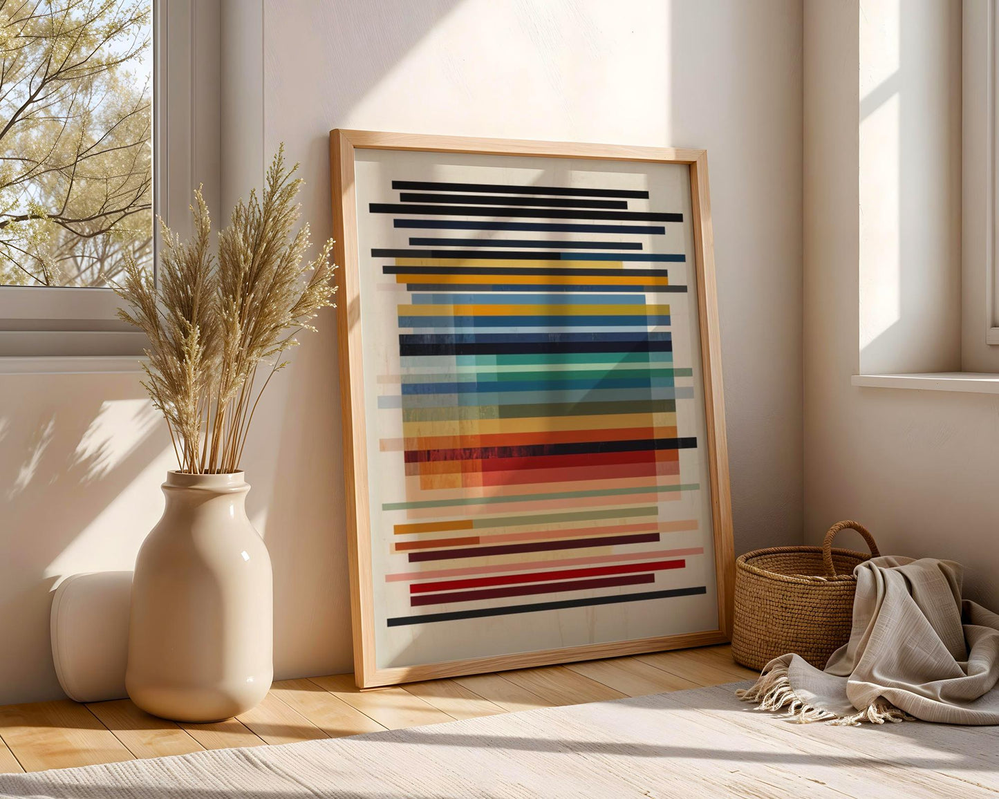 Modern Geometric Abstract Wall Art – Colorful Horizontal Stripes Print, Mid-Century Minimalist Poster for Contemporary Home Decor