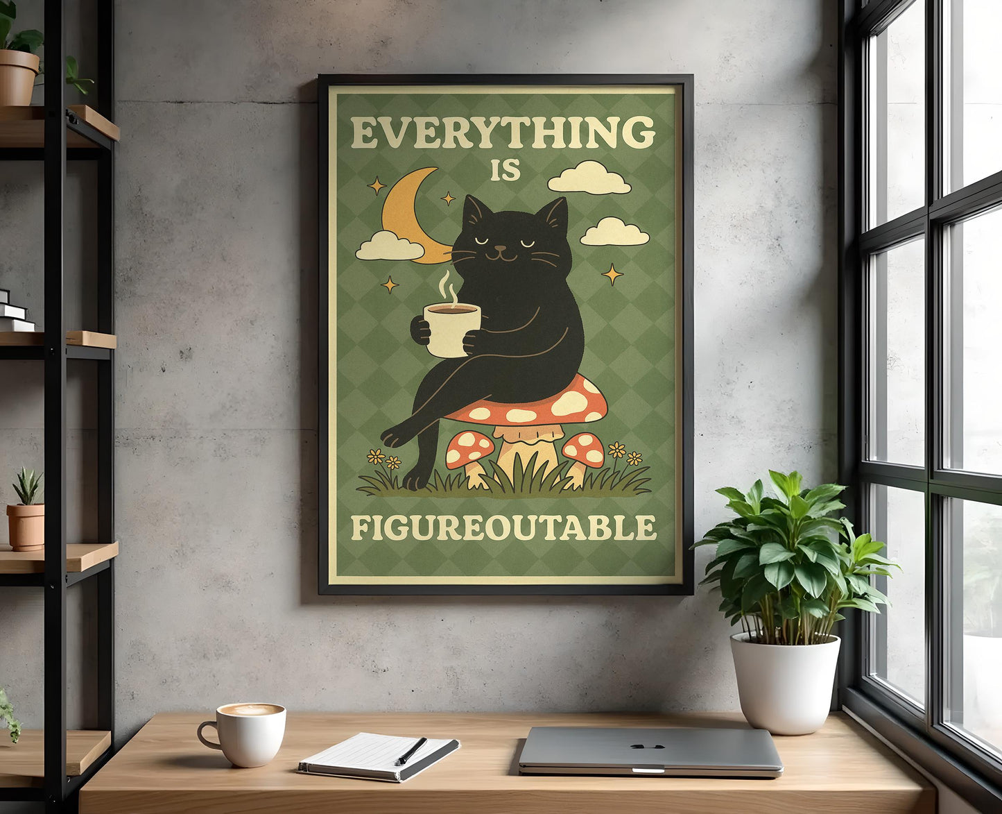 Everything is Figureoutable Motivation Poster, Cat Print Home Office, Mental Health Print, Quote Poster, Cat Coffee Poster, cat mom gift