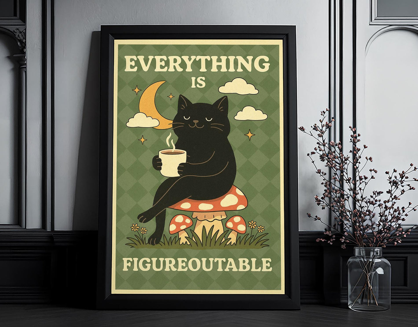 Everything is Figureoutable Motivation Poster, Cat Print Home Office, Mental Health Print, Quote Poster, Cat Coffee Poster, cat mom gift