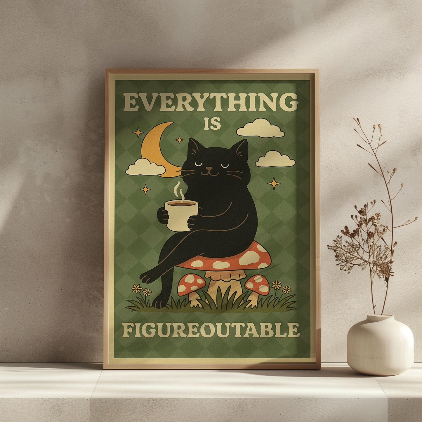 Everything is Figureoutable Motivation Poster, Cat Print Home Office, Mental Health Print, Quote Poster, Cat Coffee Poster, cat mom gift