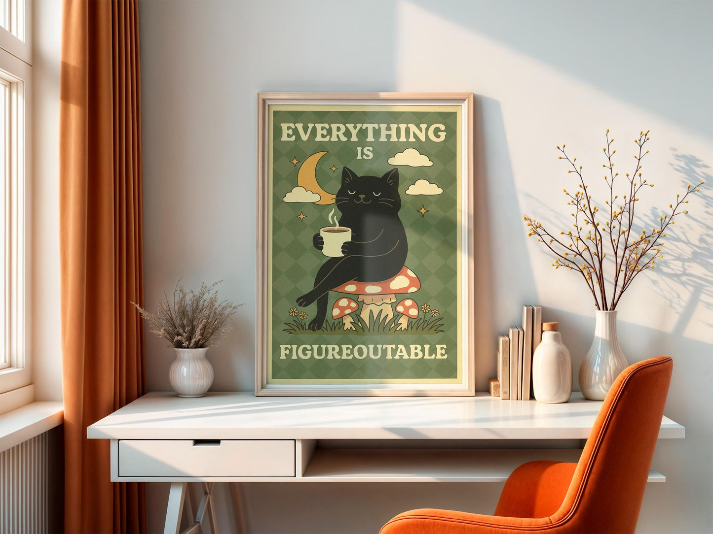 Everything is Figureoutable Motivation Poster, Cat Print Home Office, Mental Health Print, Quote Poster, Cat Coffee Poster, cat mom gift