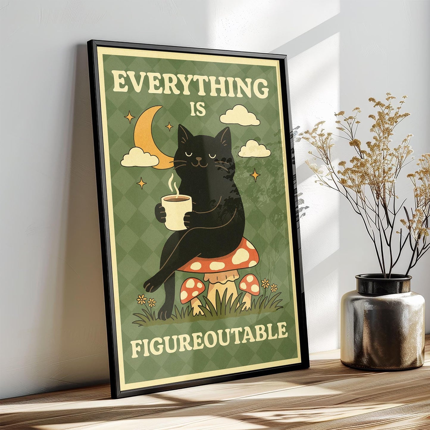 Everything is Figureoutable Motivation Poster, Cat Print Home Office, Mental Health Print, Quote Poster, Cat Coffee Poster, cat mom gift