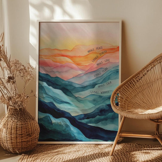 Inhale Exhale Watercolor Abstract Layers Wall Art Poster or Canvas Print, Colorful Calm Art, Breathing Wellness Office Motivational Decor