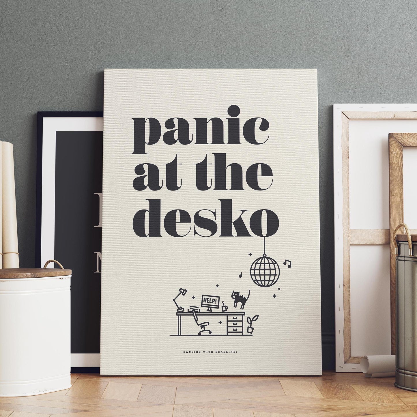 Panic At The Desko, Funny Home Office Desk Art - Print, Frame, Canvas or File