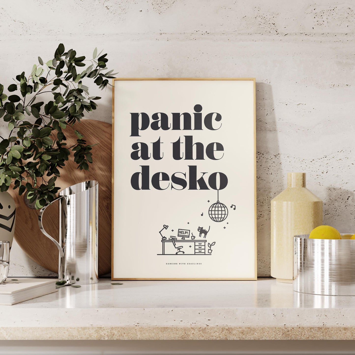 Panic At The Desko, Funny Home Office Desk Art - Print, Frame, Canvas or File