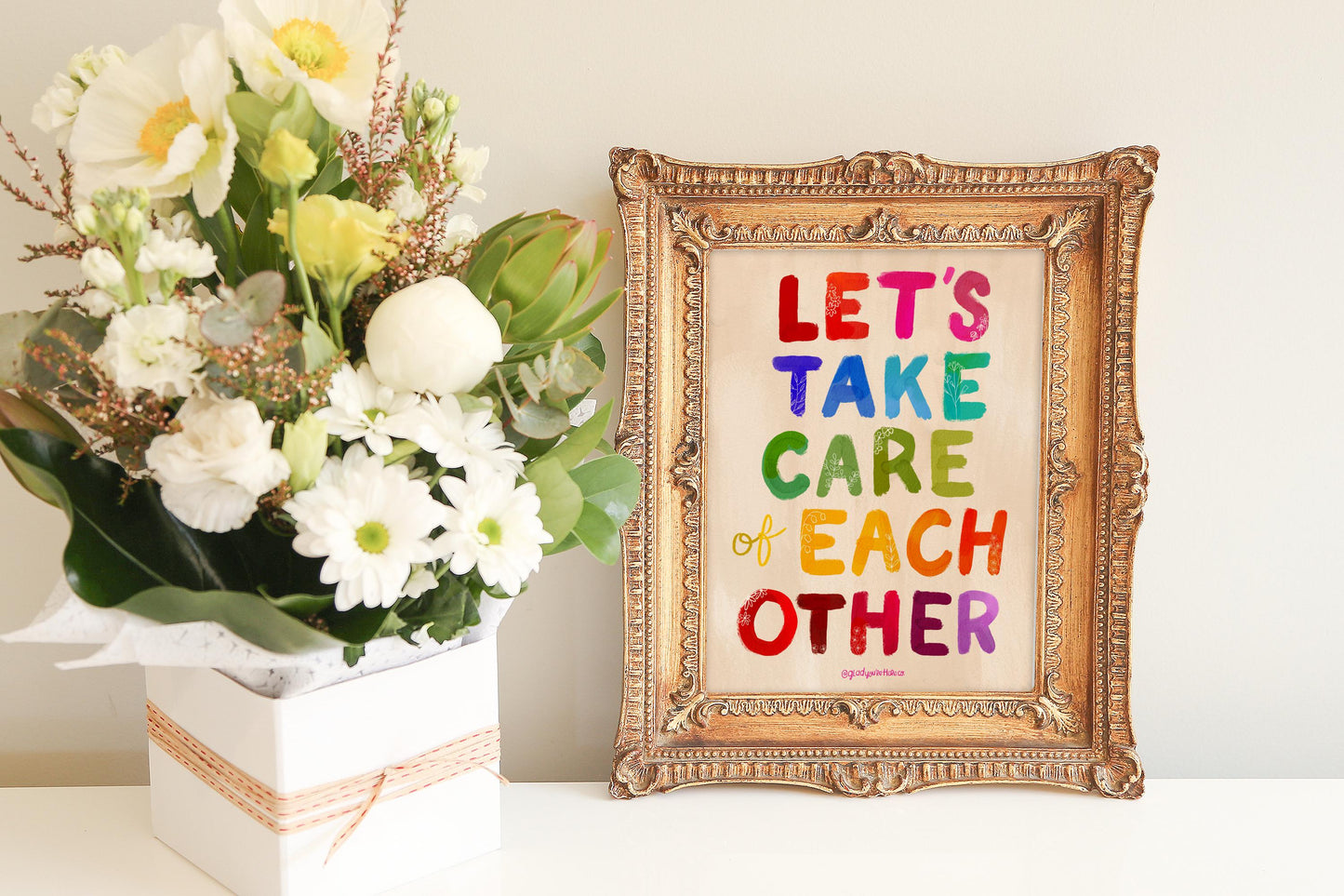 Lets Take Care of Each Other Wall Art | Hopeful Wall Art | Gentle Reminder Print | Mental Health Art | Rainbow Typography | Community Art