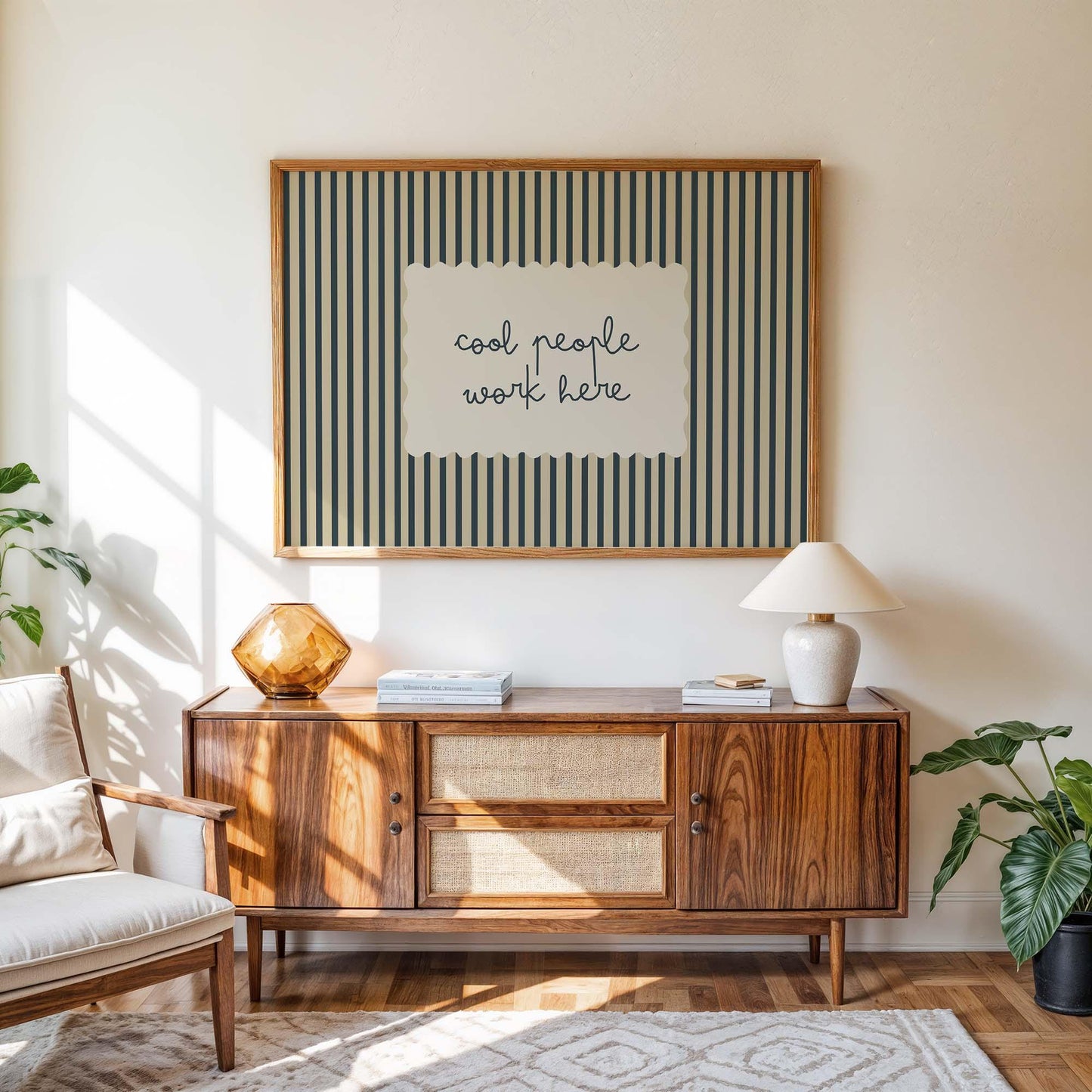 Cool People Work Here Office Quote Print, Stripe Minimalist Workspace Sign