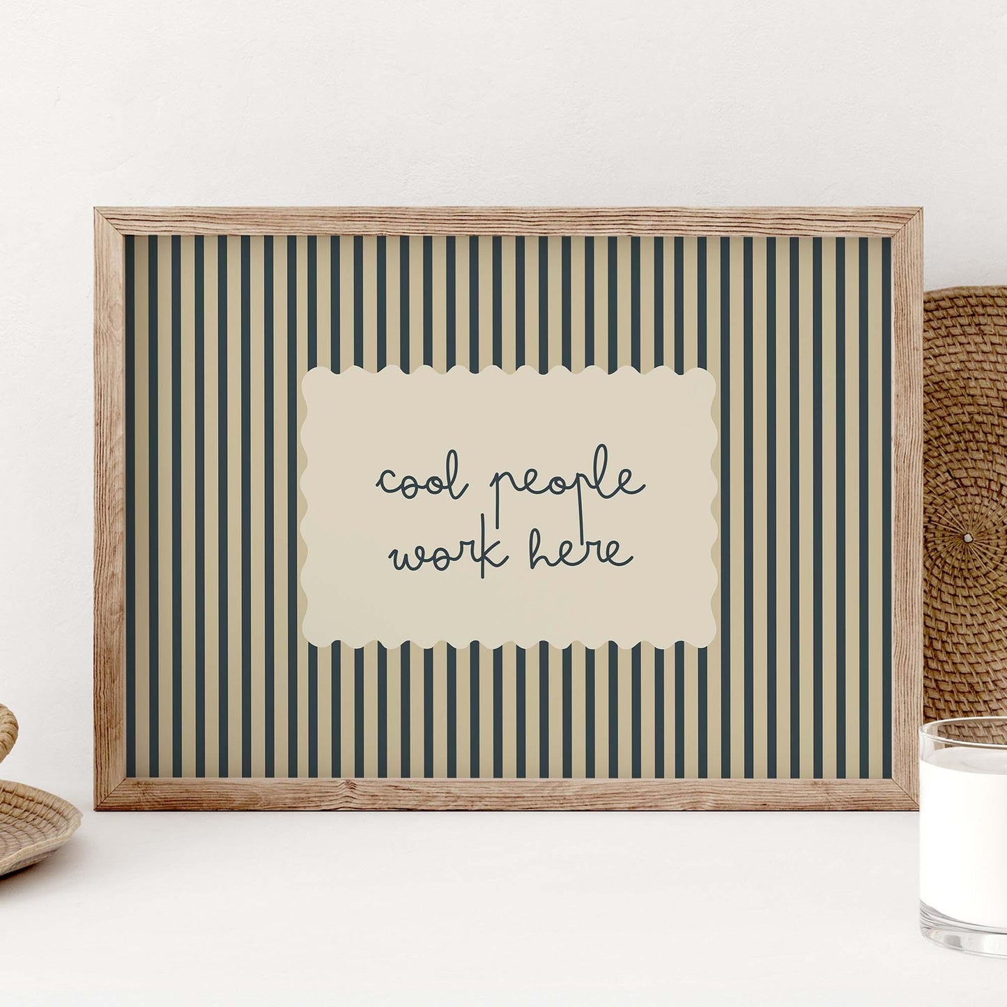 Cool People Work Here Office Quote Print, Stripe Minimalist Workspace Sign