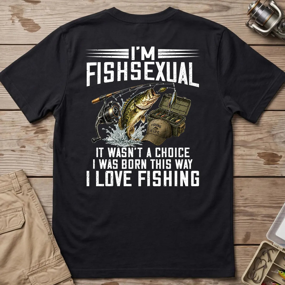 Black T-shirt flat lay with distressed I'm Fishsexual bass and tackle graphic