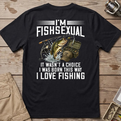 Black T-shirt flat lay with distressed I'm Fishsexual bass and tackle graphic