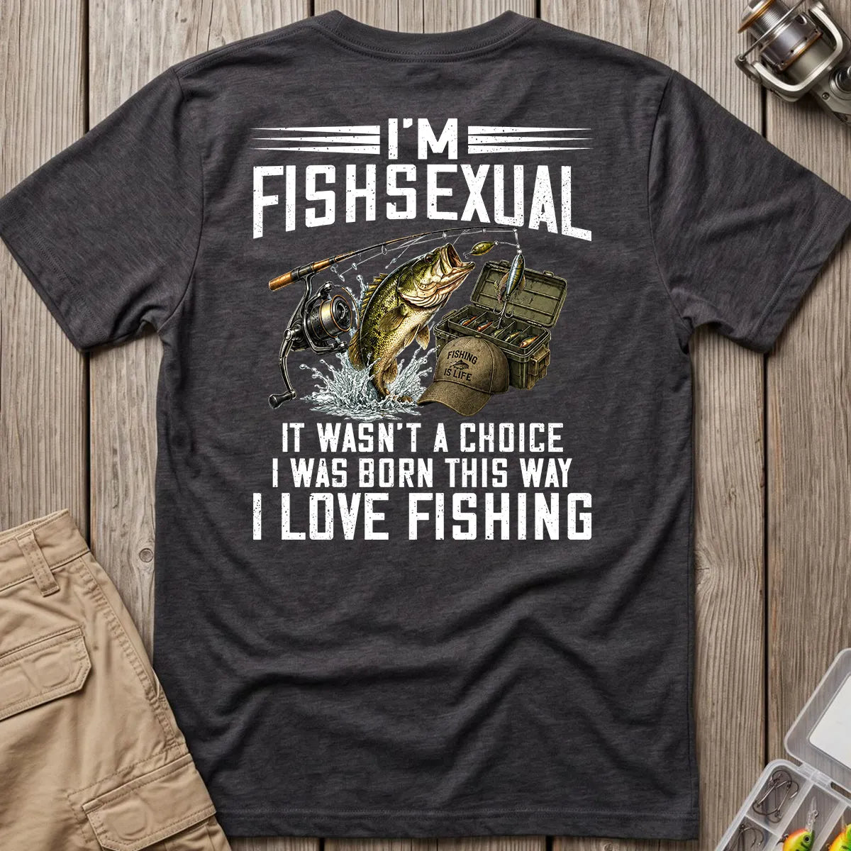 Dark Heather T-shirt with leaping bass and I'm Fishsexual back graphic