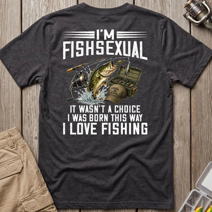 Dark Heather T-shirt with leaping bass and I'm Fishsexual back graphic
