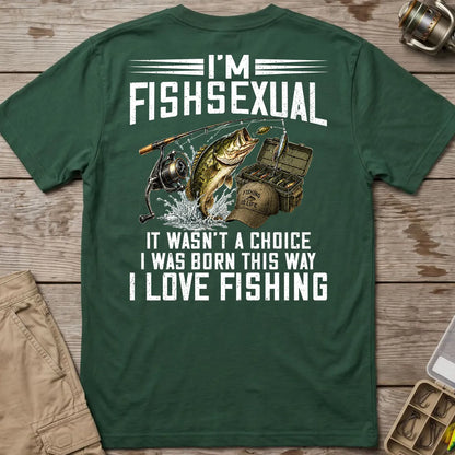 Forest Green T-shirt back graphic with bass, rod, and tackle box joke print