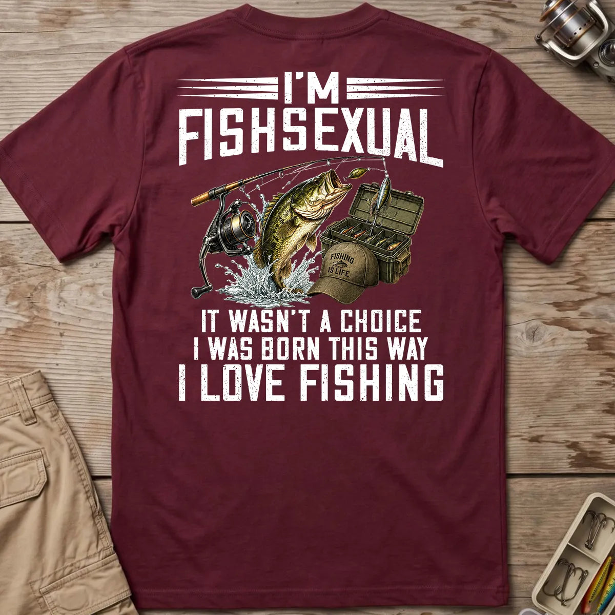 Maroon T-shirt with distressed fishing joke lettering and leaping bass