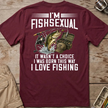 Maroon T-shirt with distressed fishing joke lettering and leaping bass