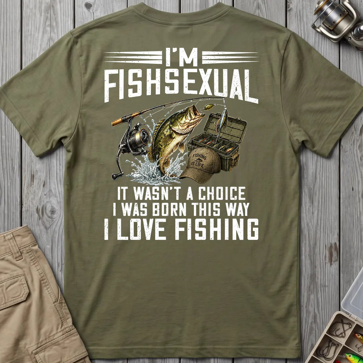 Military Green T-shirt showing the Fishsexual back print and open tackle box
