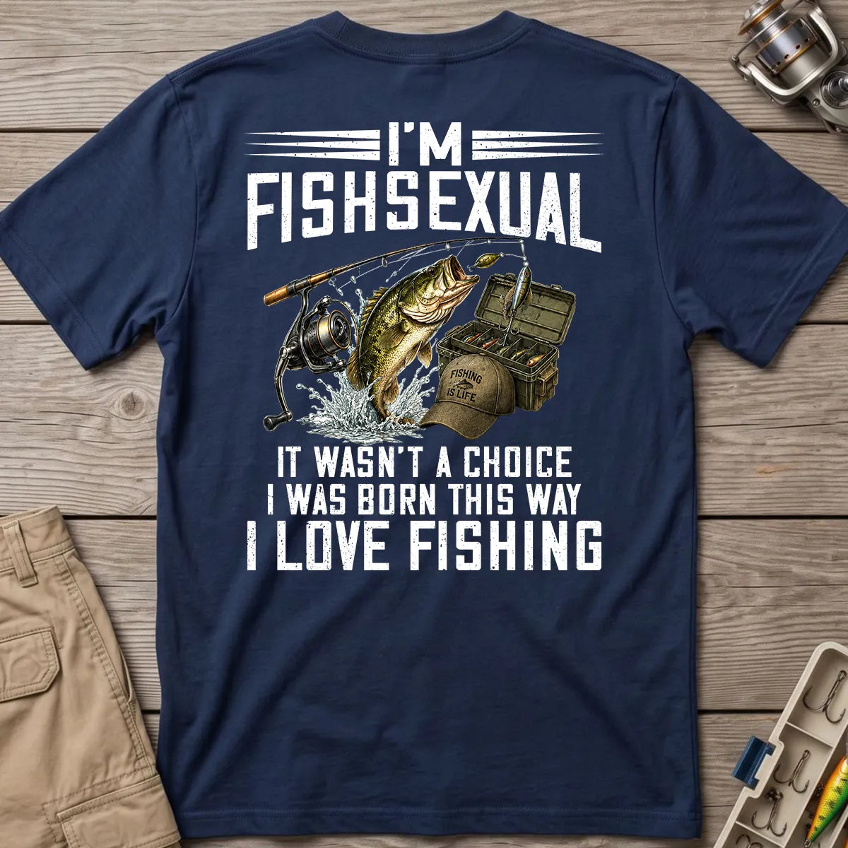 Navy T-shirt with I LOVE FISHING lettering under a leaping bass illustration