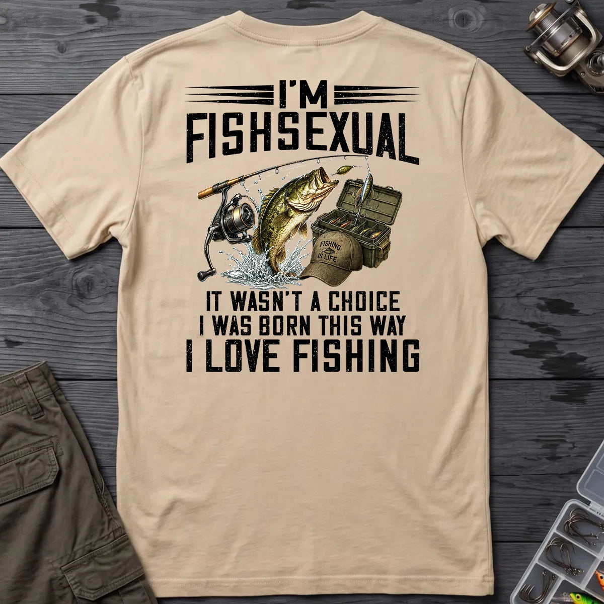 Sand T-shirt with black Fishsexual lettering and bass fishing back print