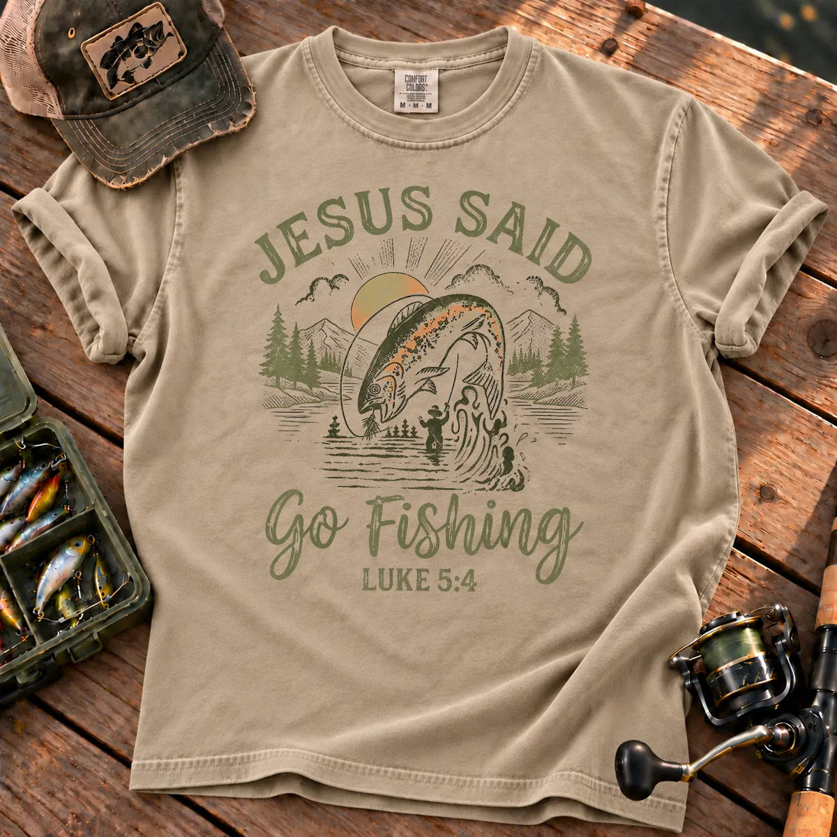 Jesus Said Go Fishing Lake T-Shirt in Sandstone