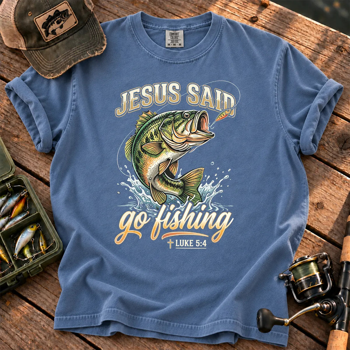 Jesus Said Go Fishing T-Shirt in Blue Jean